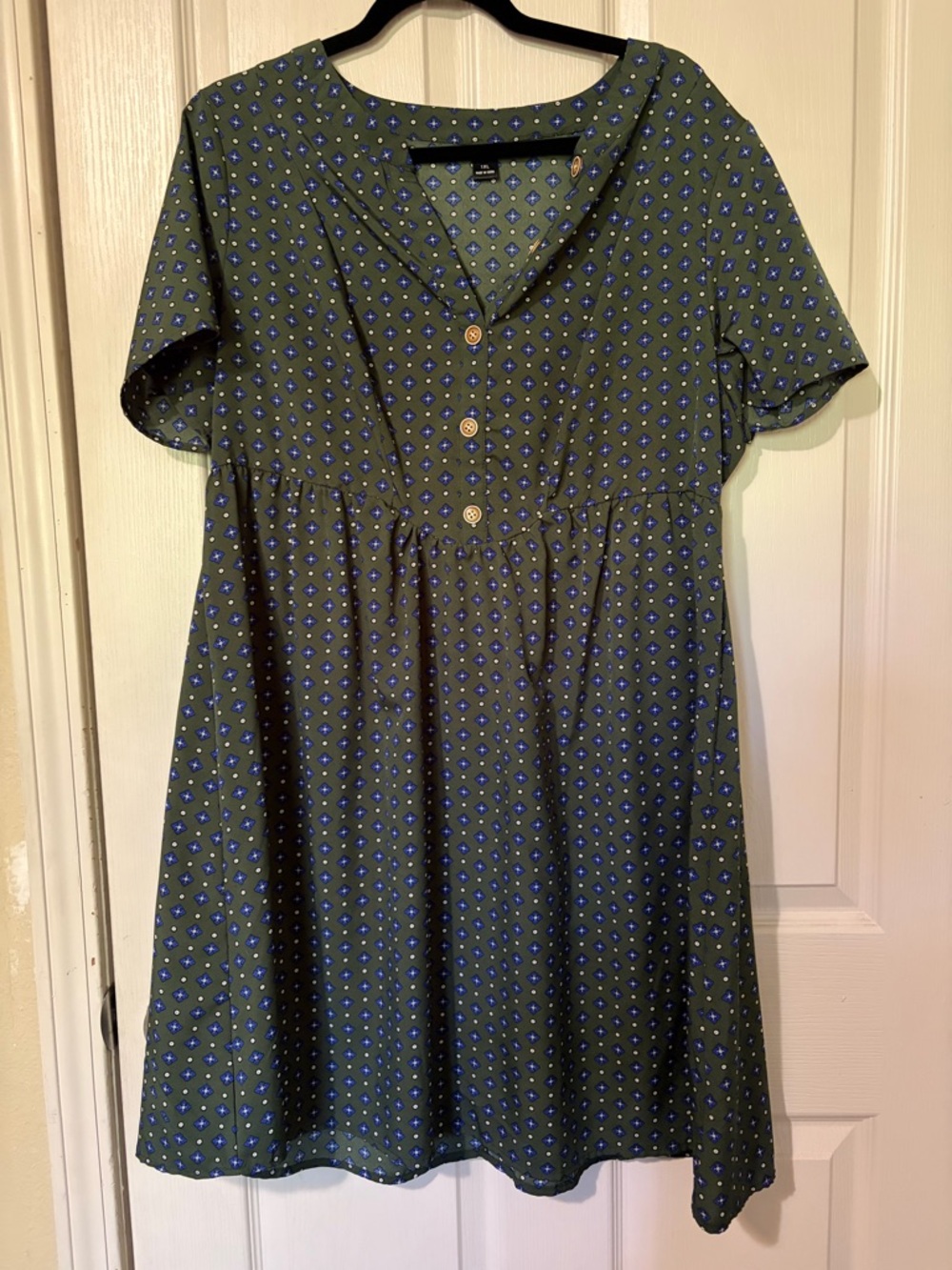 Green Short-Sleeve Button Front Babydoll Dress with Blue Floral Dots
